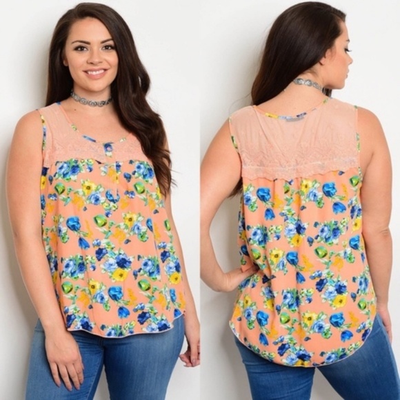 Tops - Plus Size Peach Lace Soft Blue Floral Tank Top